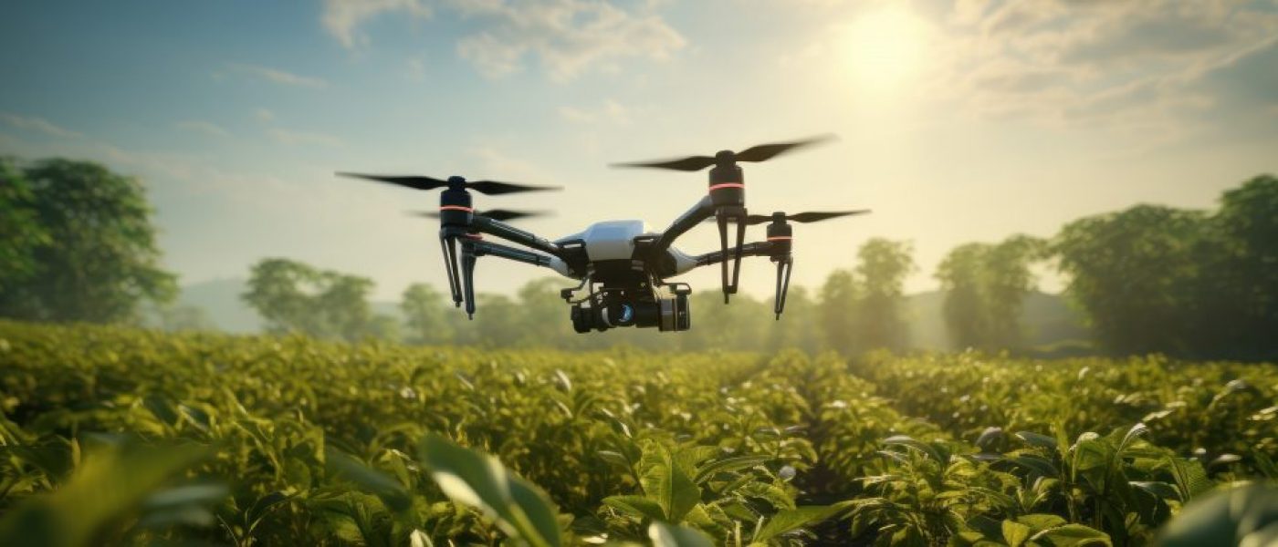 Lush green farmland being surveyed by a drone for precision agriculture.